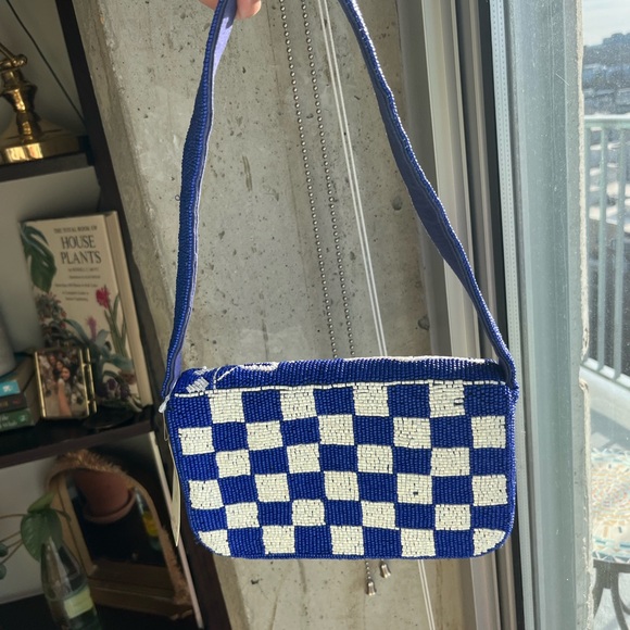 Anthropologie Fiona Blue and White Beaded Floral Shoulder Bag - Picture 3 of 5